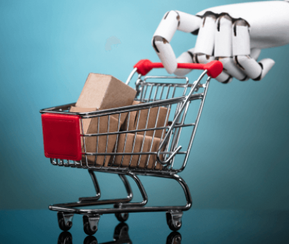 En robotisk hånd som holder et lite handlevogn med pakker, som symboliserer automatisering og digitalisering innen B2B-netthandel.