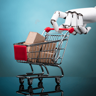 En robotisk hånd som holder et lite handlevogn med pakker, som symboliserer automatisering og digitalisering innen B2B-netthandel.